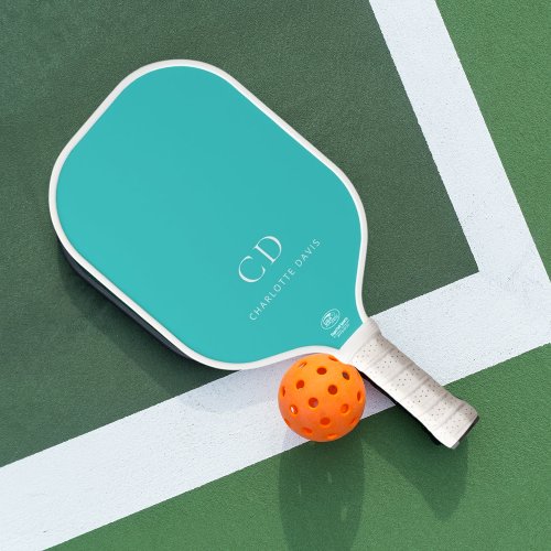 Teal white monogram initials name carbon fiber pickleball paddle 