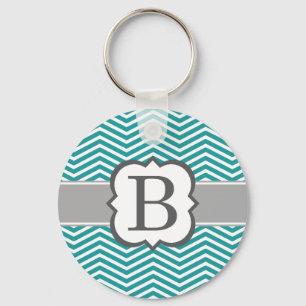 Teal White Monogram Letter B Chevron Keychain