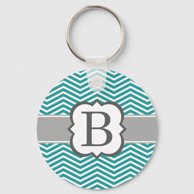 Teal White Monogram Letter B Chevron Keychain (Front)