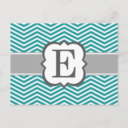 Teal White Monogram Letter E Chevron Postcard