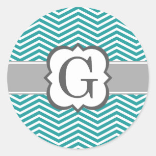 Teal White Monogram Letter G Chevron Classic Round Sticker