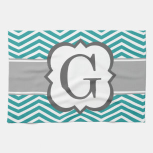 Teal White Monogram Letter G Chevron Towel
