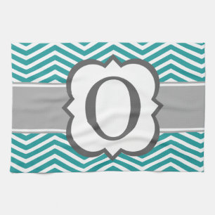 Teal White Monogram Letter O Chevron Towel