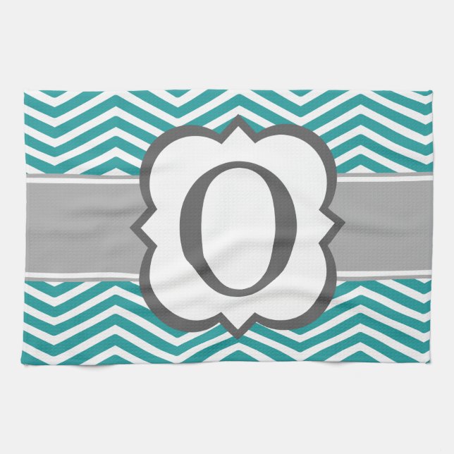 Teal White Monogram Letter O Chevron Towel (Horizontal)