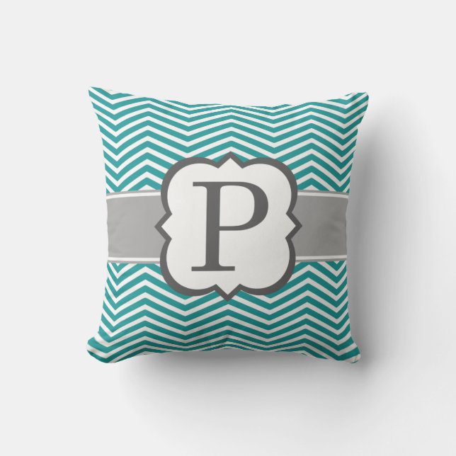 Teal White Monogram Letter P Chevron Throw Pillow (Front)