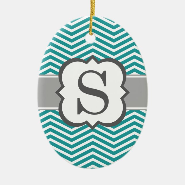 Teal White Monogram Letter S Chevron Ceramic Ornament (Front)