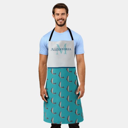 Teal White Monogram Name Trout pattern Apron