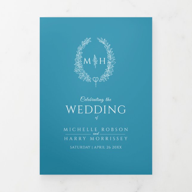 Teal white monogram wreath dedication wedding Tri-Fold program (Cover)