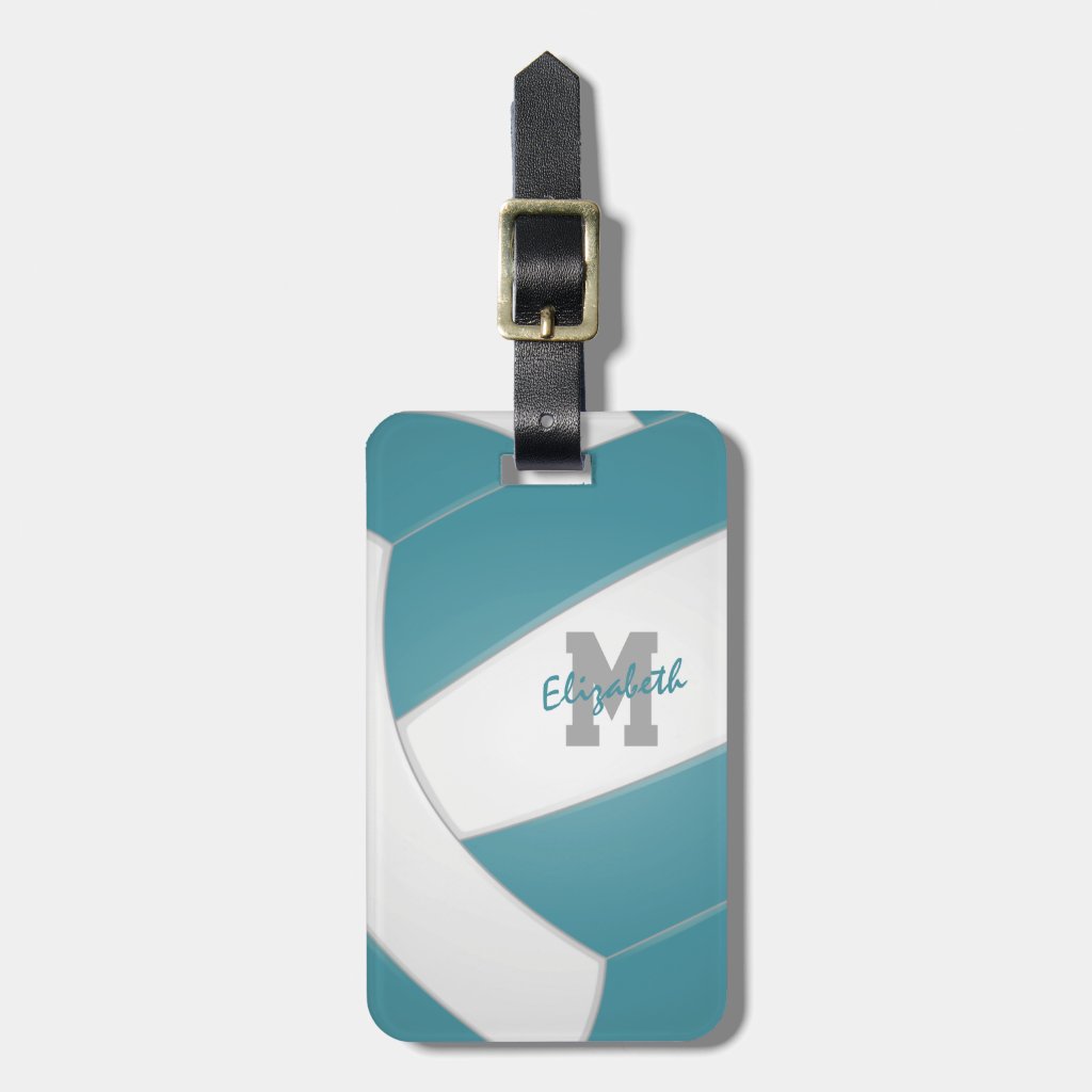teal white monogrammed volleyball luggage tag