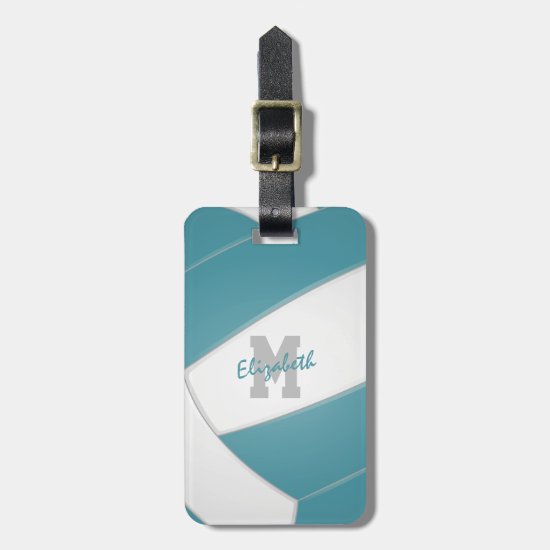 teal white monogrammed volleyball luggage tag