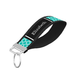 Teal White Moroccan #5 Black Name Monogram Wrist Keychain