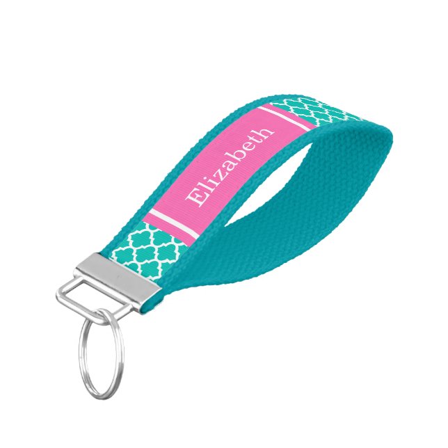 Teal White Moroccan #5 Hot Pink Name Monogram Wrist Keychain (Angled Down)