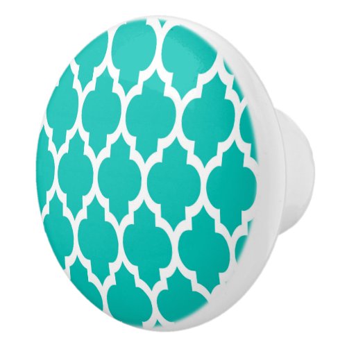 Teal White Moroccan Quatrefoil Pattern 4 Ceramic Knob