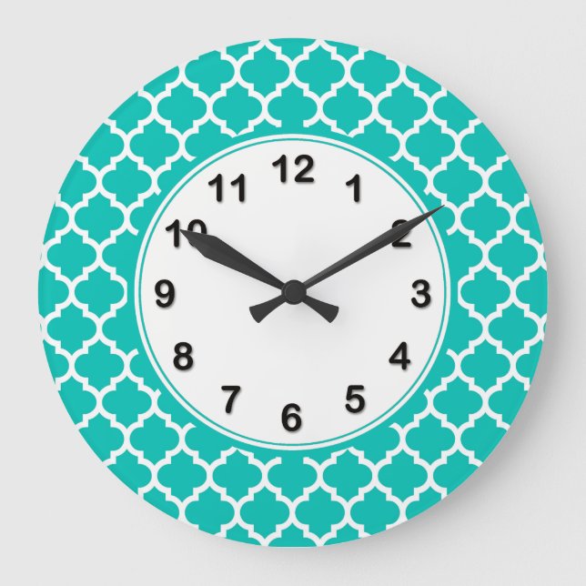 Teal White Moroccan Quatrefoil Pattern #5 Large Clock (Front)