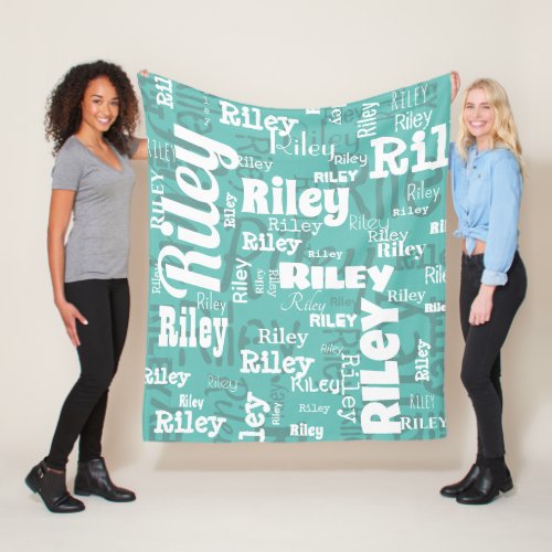 Teal  White Name Pattern Personalized Fleece Blanket