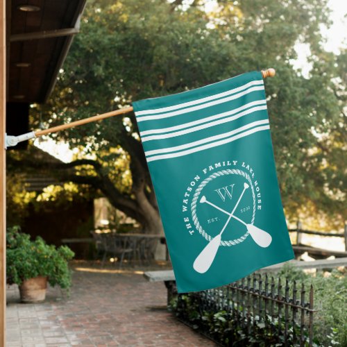 Teal White Nautical Lake House Monogram House Flag