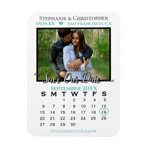 Teal  White Photo Calendar Save Our Date Wedding Magnet