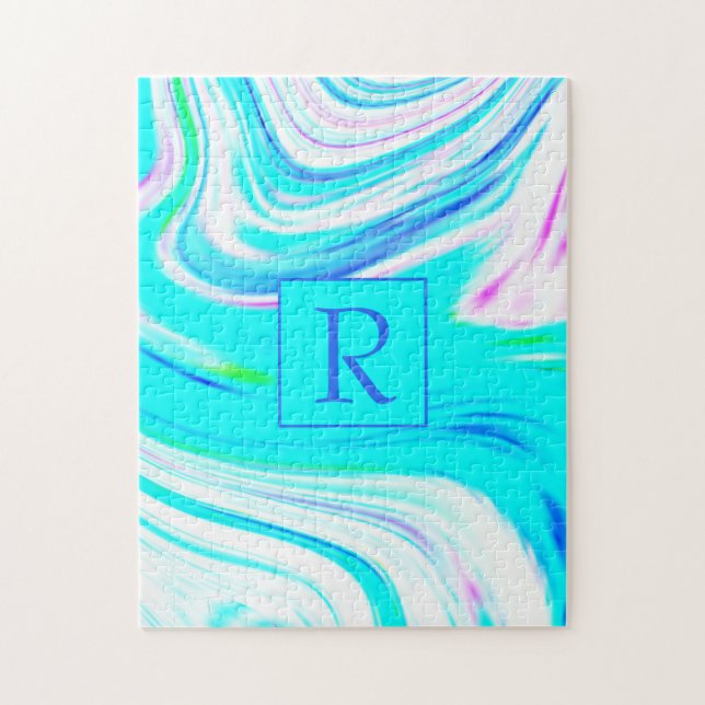 Teal White Pink Waves Monogram Abstract Patterns Jigsaw Puzzle (Vertical)