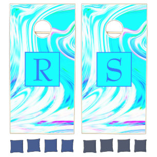 Teal White Pink Waves Monogram Abstract Pretty Cornhole Set