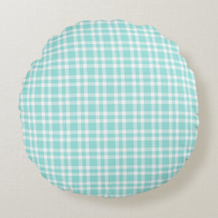 Teal White Plaid Pattern Round Pillow