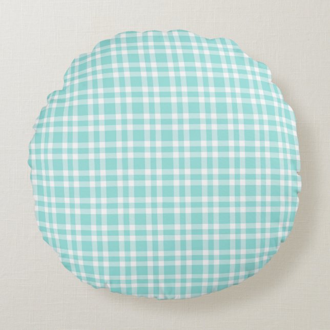Teal White Plaid Pattern Round Pillow (Front)