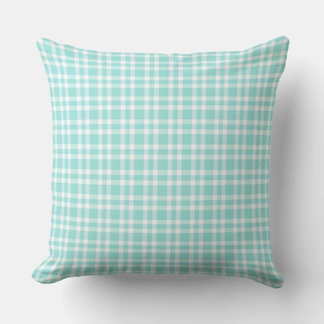 Teal White Plaid Pattern Throw Pillow (Front)
