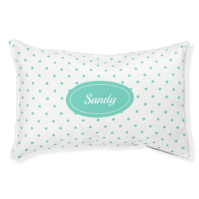 Teal & White Polka Dots Pattern With Custom Name Pet Bed (Front)