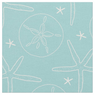 Teal, White Sand Dollar and Starfish Shells Beachy Fabric