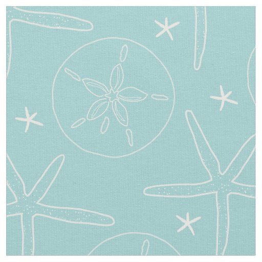 Teal, White Sand Dollar and Starfish Shells Beachy Fabric
