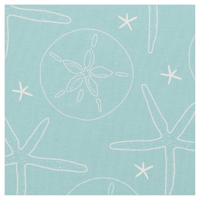 Teal, White Sand Dollar and Starfish Shells Beachy Fabric (Close Up)