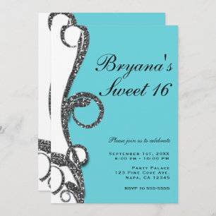 Teal White Silver Glitter Swirl Sweet 16 Party Invitation