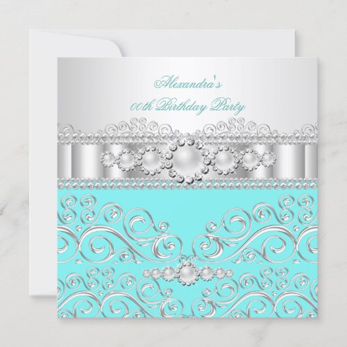 Teal White Silver Lace Pearl Birthday Party 2a Invitation