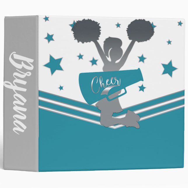 Teal White Silver Stars Cheer Cheer-leading Girls Binder (Front/Spine)
