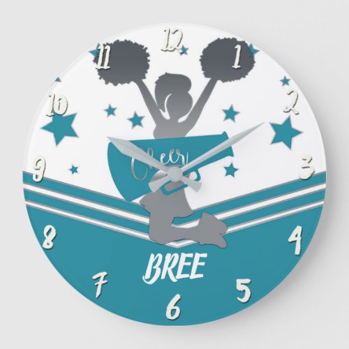 Teal White Silver Stars Cheer Cheer_leading Girls Large Clock