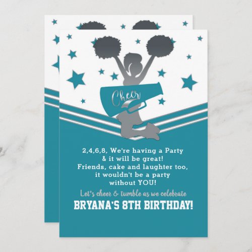 Teal White Silver Stars Cheer Cheer_leading Party Invitation