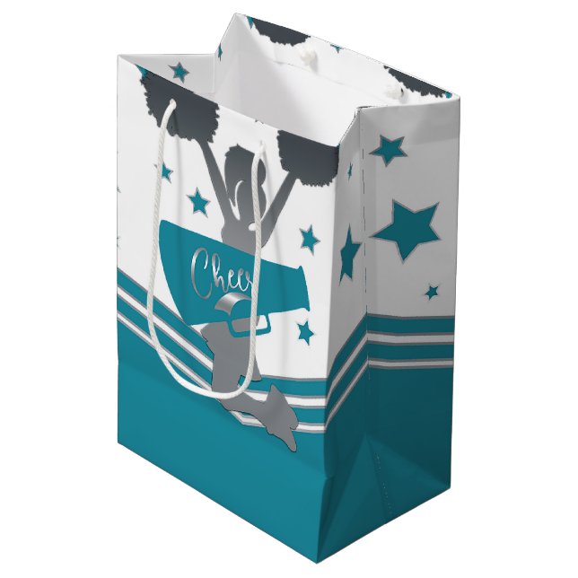 Teal White Silver Stars Cheer Cheer-leading Party Medium Gift Bag (Front Angled)