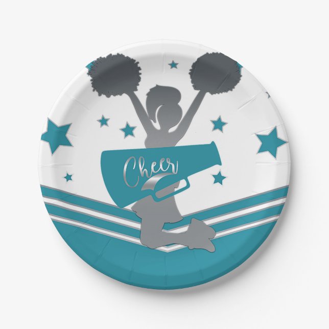 Teal White Silver Stars Cheer Cheer-leading Party Paper Plates (Front)