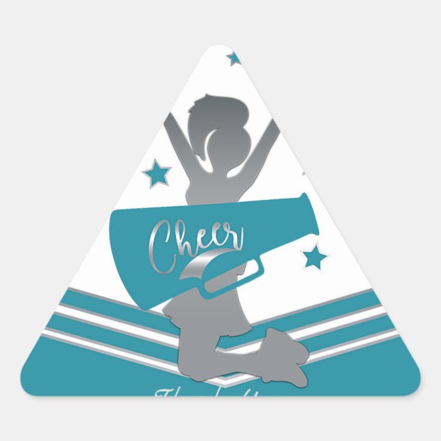 Teal White Silver Stars Cheer Cheer-leading Party Triangle Sticker (Front)