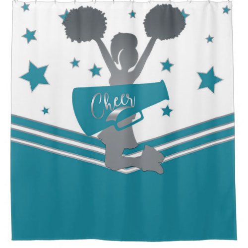 Teal White Silver Stars Cheer Cheer_leading Shower Curtain