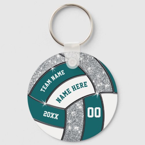 Teal White Silver Volleyball Keychains Your Text