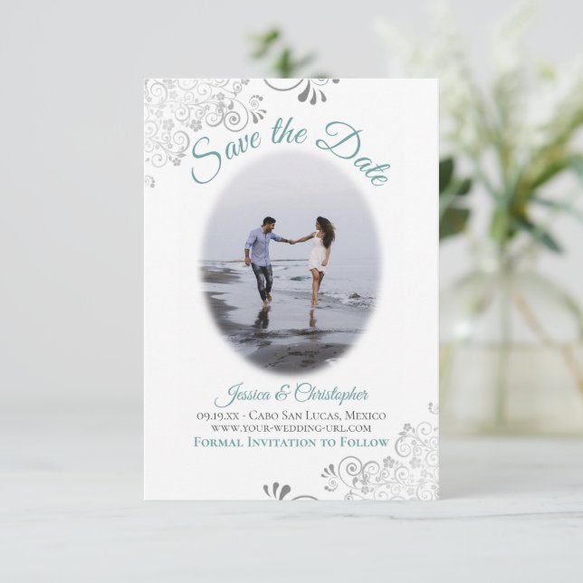 Teal & White Simple Elegant Wedding Oval Photo Save The Date (Standing Front)