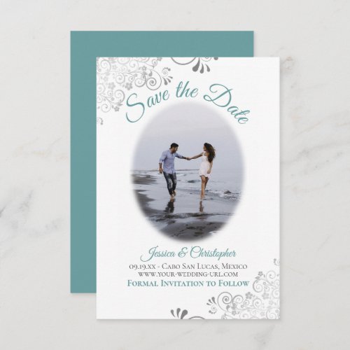 Teal  White Simple Elegant Wedding Oval Photo Save The Date