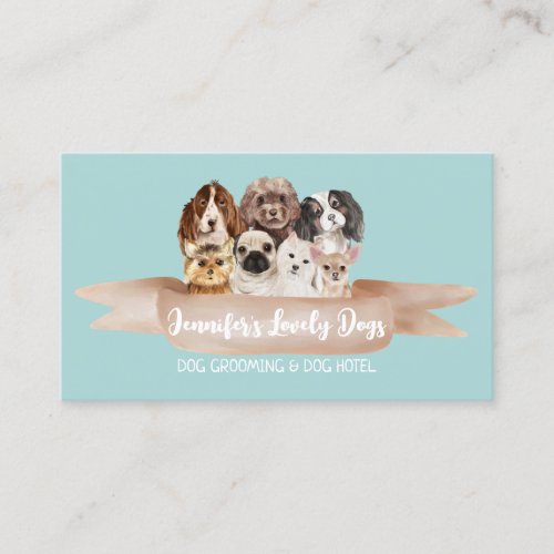 Teal White Small Breeds Dog Groomer Business Card