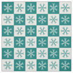Teal White Snowflake Checkered Pattern Fabric