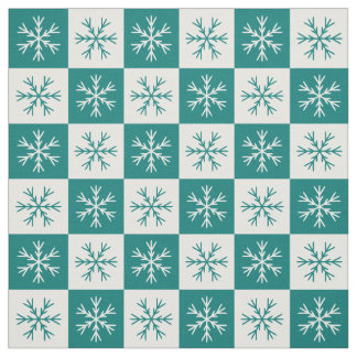 Teal White Snowflake Checkered Pattern Fabric