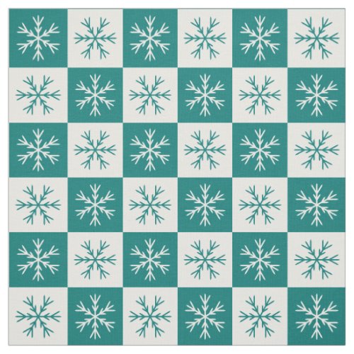 Teal White Snowflake Checkered Pattern Fabric