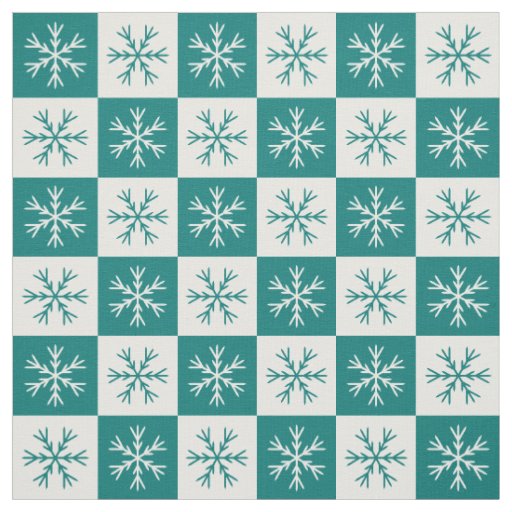 Teal White Snowflake Checkered Pattern Fabric