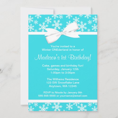 Teal White Snowflakes Bow Winter ONEderland Announcement
