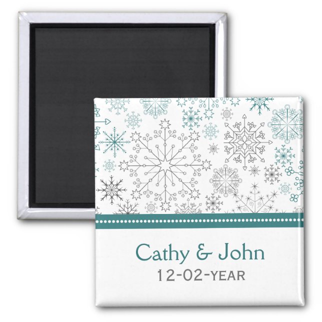 Teal White snowflakes winter wedding Magnet (Front)