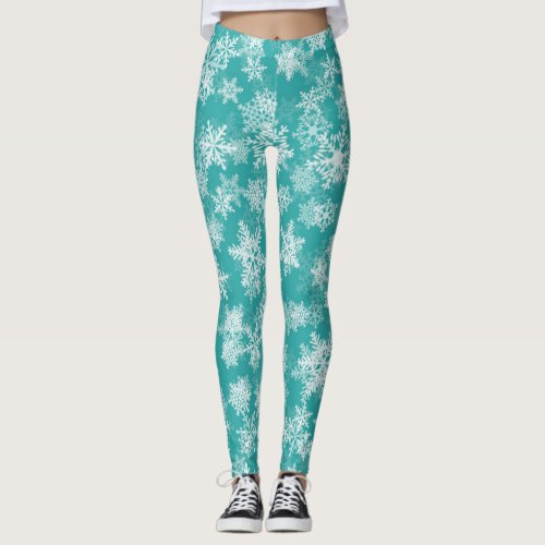 Teal  White Snowflakes Winter Wonderland Holiday Leggings